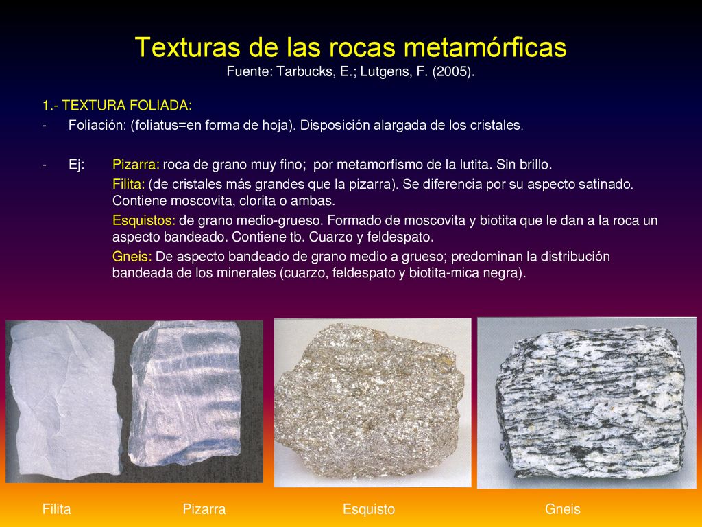 Texturas de las rocas metamórficas Fuente: Tarbucks, E. ; Lutgens, F