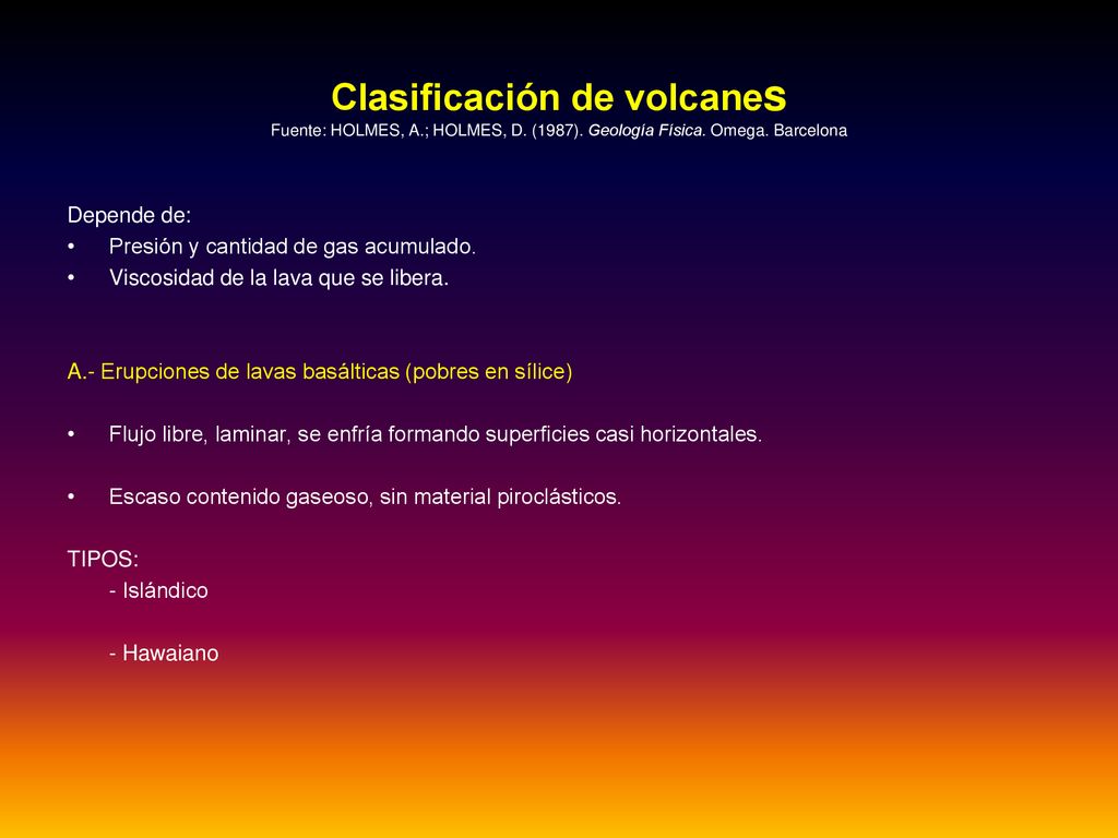 Clasificación de volcanes Fuente: HOLMES, A. ; HOLMES, D. (1987)