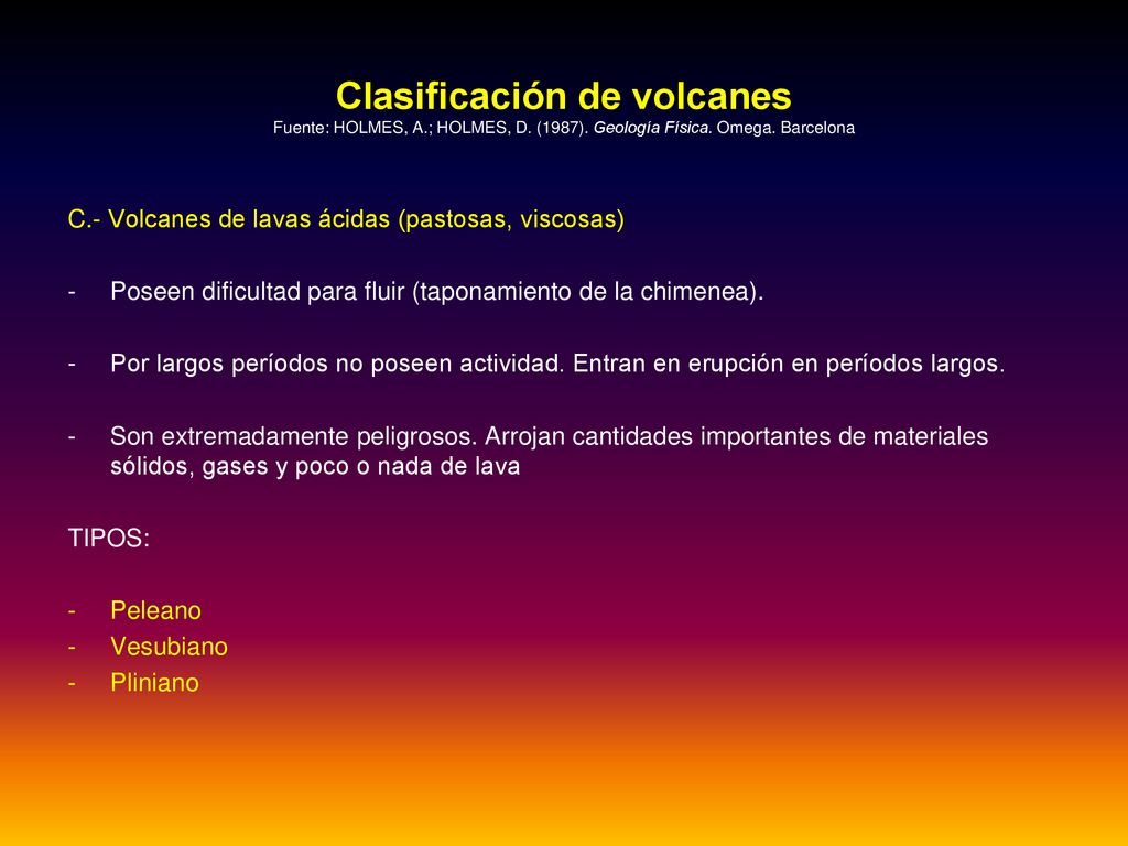 Clasificación de volcanes Fuente: HOLMES, A. ; HOLMES, D. (1987)