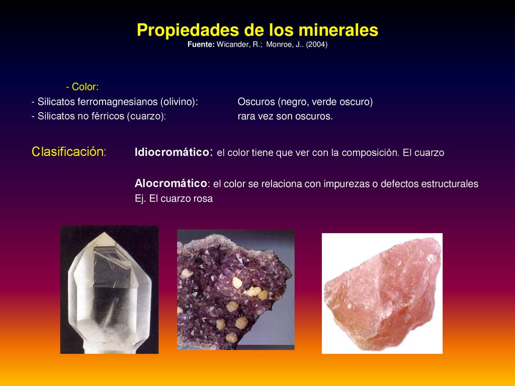 Propiedades de los minerales Fuente: Wicander, R.; Monroe, J.. (2004)