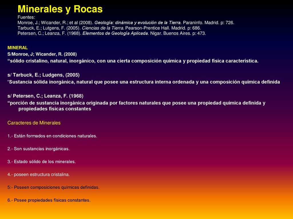 Minerales y Rocas Fuentes: Monroe, J. ; Wicander, R. ; et al (2008)