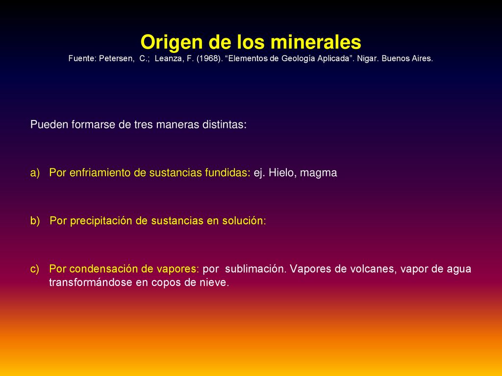 Origen de los minerales Fuente: Petersen, C. ; Leanza, F. (1968)