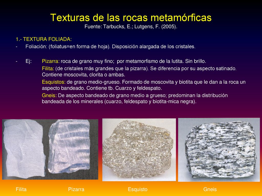 Texturas de las rocas metamórficas Fuente: Tarbucks, E. ; Lutgens, F
