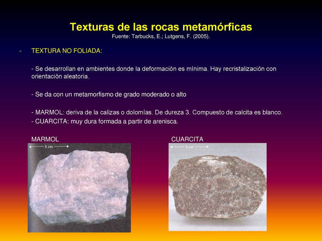 Texturas de las rocas metamórficas Fuente: Tarbucks, E. ; Lutgens, F