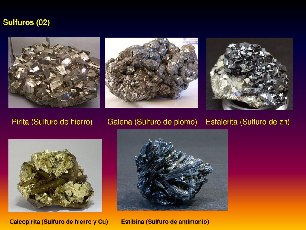 Sulfuros (02) Pirita (Sulfuro de hierro) Galena (Sulfuro de plomo) Esfalerita (Sulfuro de zn) Calcopirita (Sulfuro de hierro y Cu) Estibina (Sulfuro de antimonio)