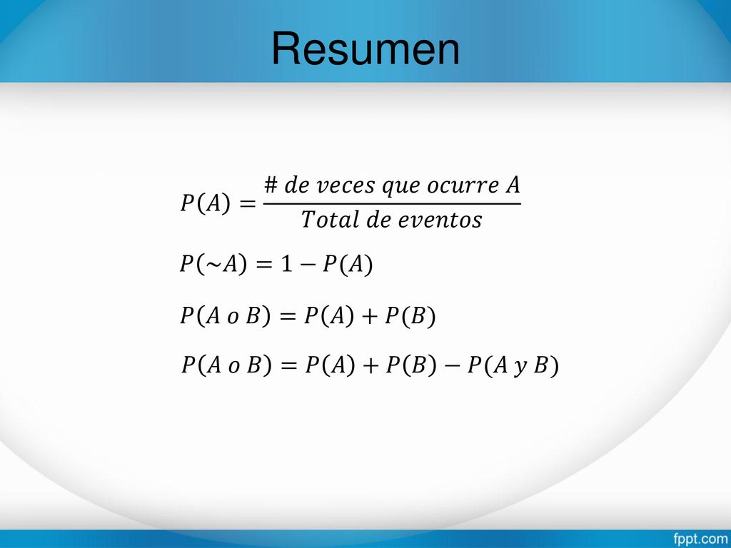 Resumen 𝑃 𝐴 = # 𝑑𝑒 𝑣𝑒𝑐𝑒𝑠 𝑞𝑢𝑒 𝑜𝑐𝑢𝑟𝑟𝑒 𝐴 𝑇𝑜𝑡𝑎𝑙 𝑑𝑒 𝑒𝑣𝑒𝑛𝑡𝑜𝑠 𝑃 ~𝐴 =1−𝑃(𝐴)