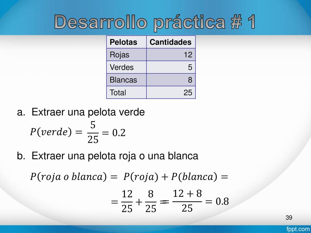 Desarrollo práctica # 1 a. Extraer una pelota verde 5 25 =0.2
