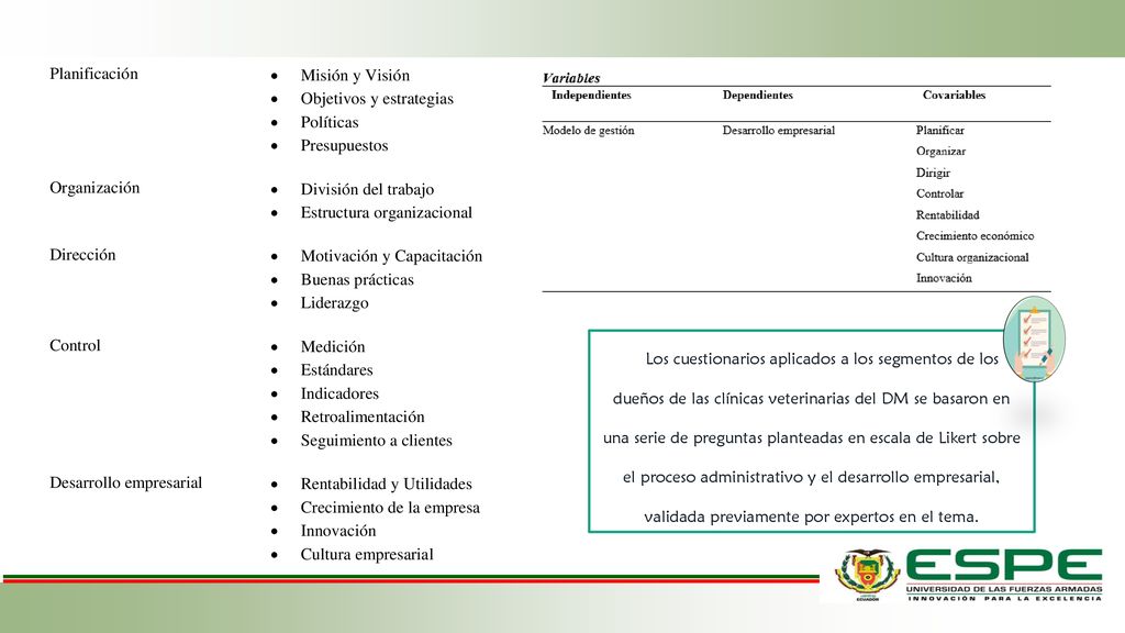 Los cuestionarios aplicados a los segmentos de los dueños de las clínicas veterinarias del DM se basaron en una serie de preguntas planteadas en escala de Likert sobre el proceso administrativo y el desarrollo empresarial, validada previamente por expertos en el tema.