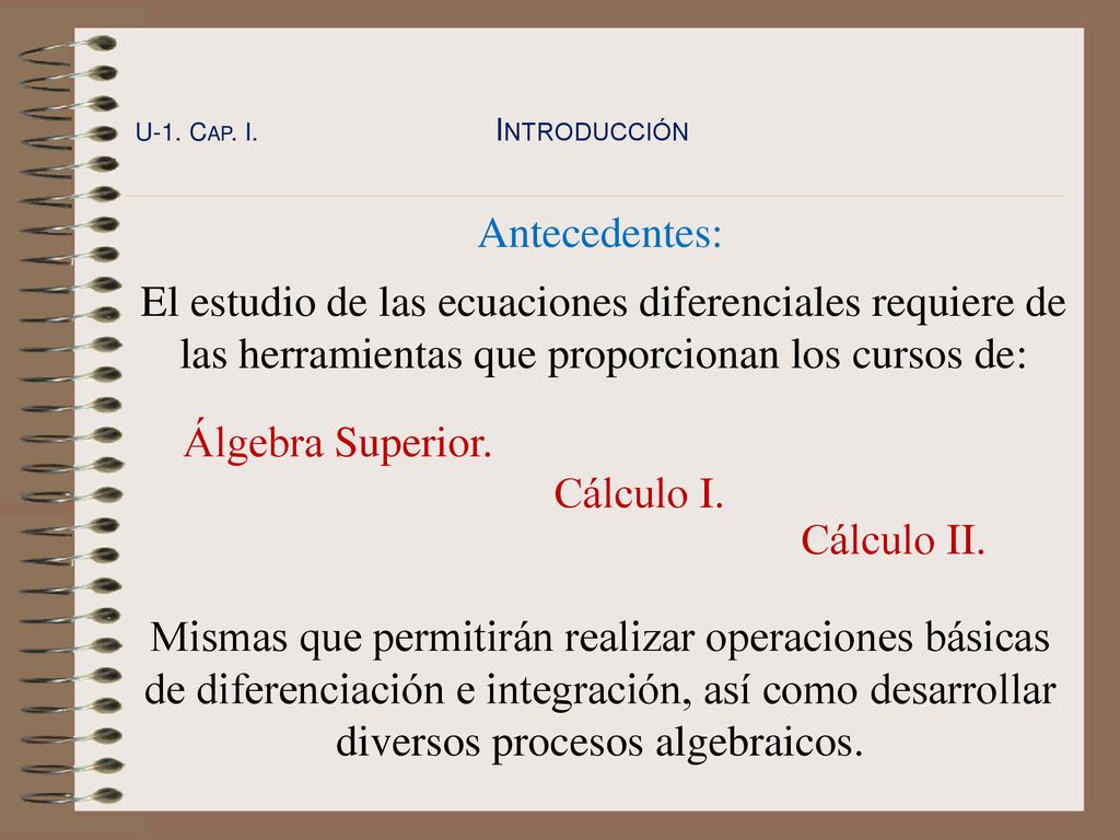 U-1. Cap. I. Introducción Antecedentes: El estudio de las ecuaciones diferenciales requiere de las herramientas que proporcionan los cursos de: