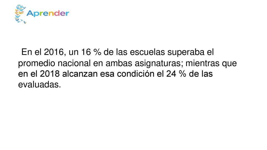 En el 2016, un 16 % de las escuelas superaba el promedio nacional en ambas asignaturas; mientras que en el 2018 alcanzan esa condición el 24 % de las evaluadas.