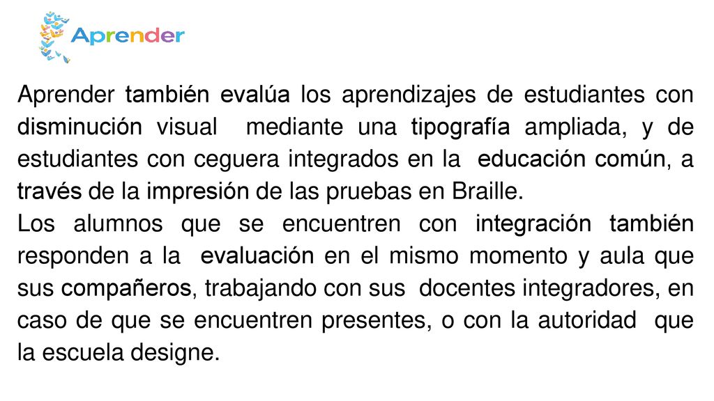 Aprender también evalúa los aprendizajes de estudiantes con disminución visual mediante una tipografía ampliada, y de estudiantes con ceguera integrados en la educación común, a través de la impresión de las pruebas en Braille.