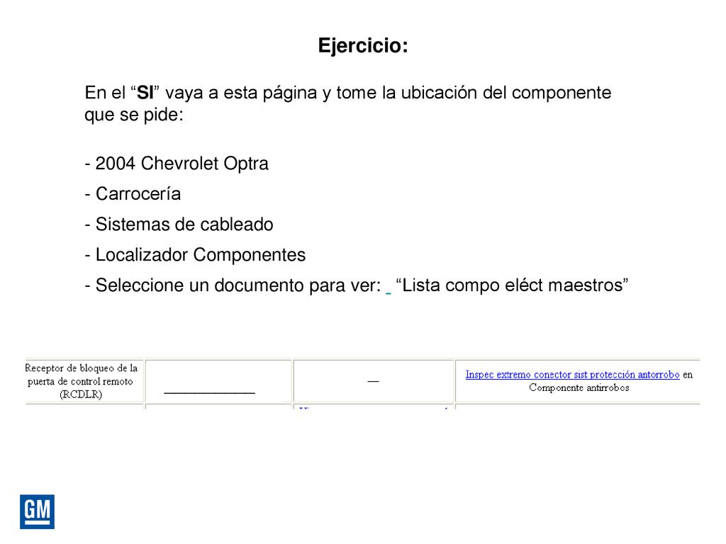 Ejercicio: En el SI vaya a esta página y tome la ubicación del componente que se pide: Chevrolet Optra.
