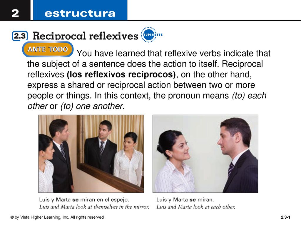 You have learned that reflexive verbs indicate that the subject of a sentence does the action to itself. Reciprocal reflexives (los reflexivos recíprocos), on the other hand, express a shared or reciprocal action between two or more people or things. In this context, the pronoun means (to) each other or (to) one another.