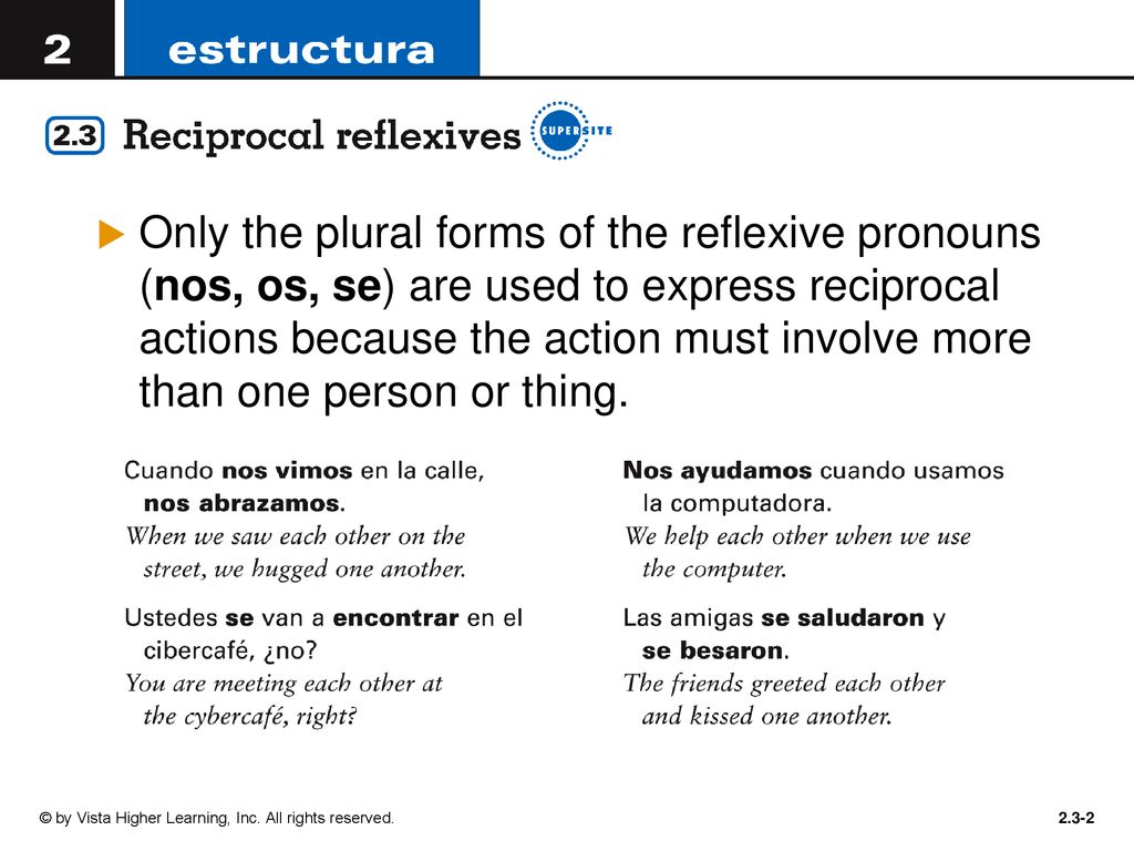 Only the plural forms of the reflexive pronouns (nos, os, se) are used to express reciprocal actions because the action must involve more than one person or thing.