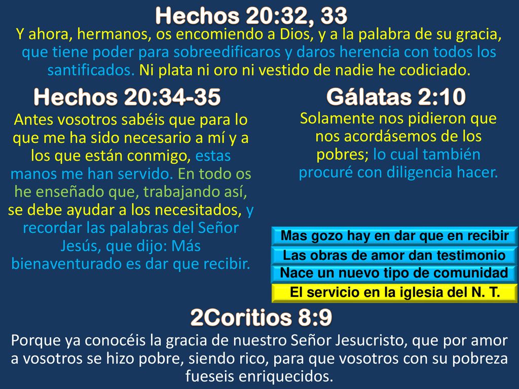 Hechos 20:32, 33 Hechos 20:34-35 Gálatas 2:10 2Coritios 8:9