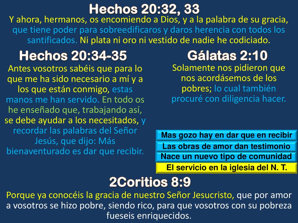 Hechos 20:32, 33 Hechos 20:34-35 Gálatas 2:10 2Coritios 8:9