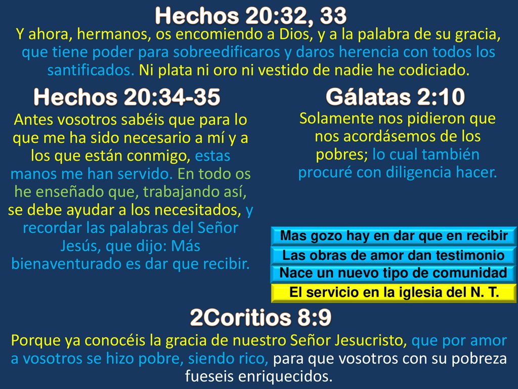 Hechos 20:32, 33 Hechos 20:34-35 Gálatas 2:10 2Coritios 8:9