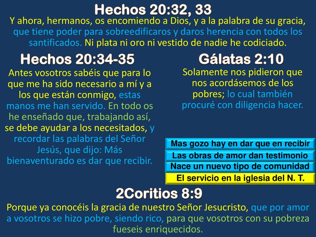 Hechos 20:32, 33 Hechos 20:34-35 Gálatas 2:10 2Coritios 8:9