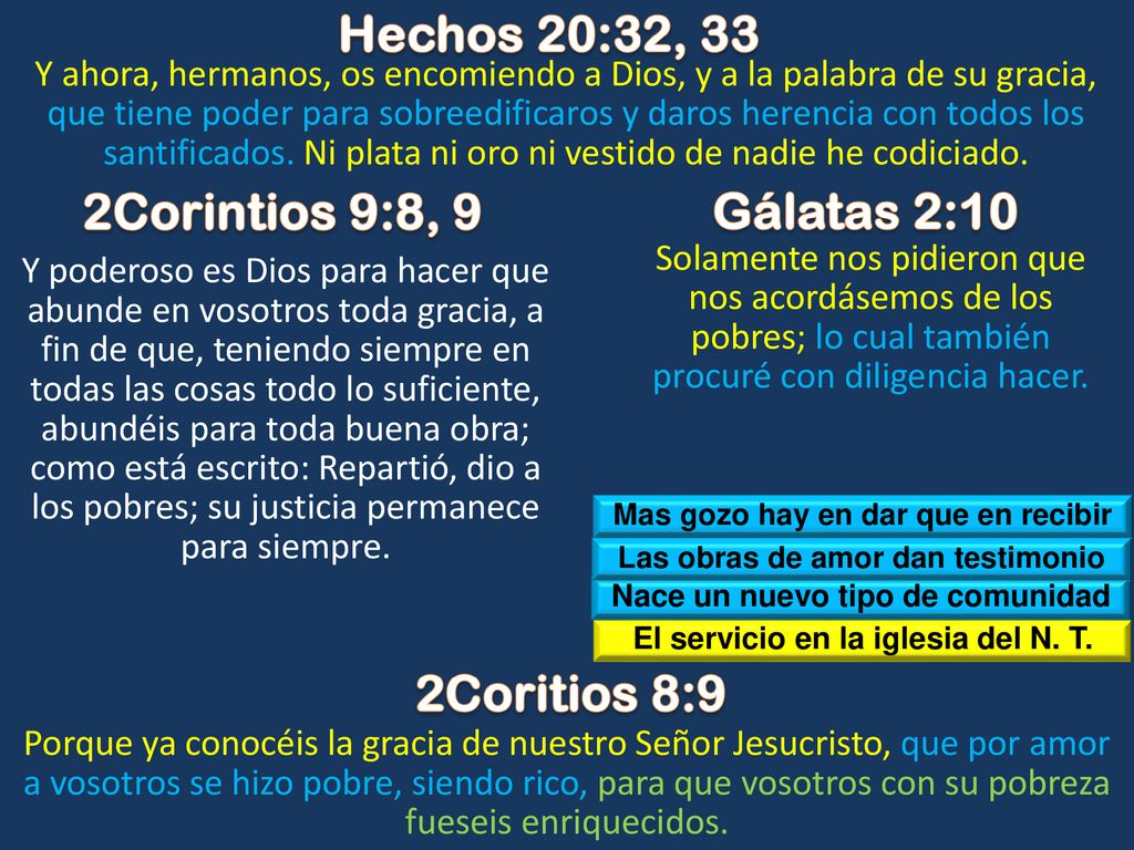 Hechos 20:32, 33 2Corintios 9:8, 9 Gálatas 2:10 2Coritios 8:9