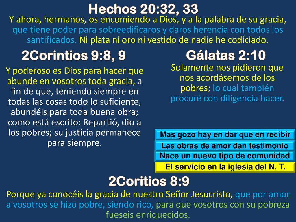 Hechos 20:32, 33 2Corintios 9:8, 9 Gálatas 2:10 2Coritios 8:9
