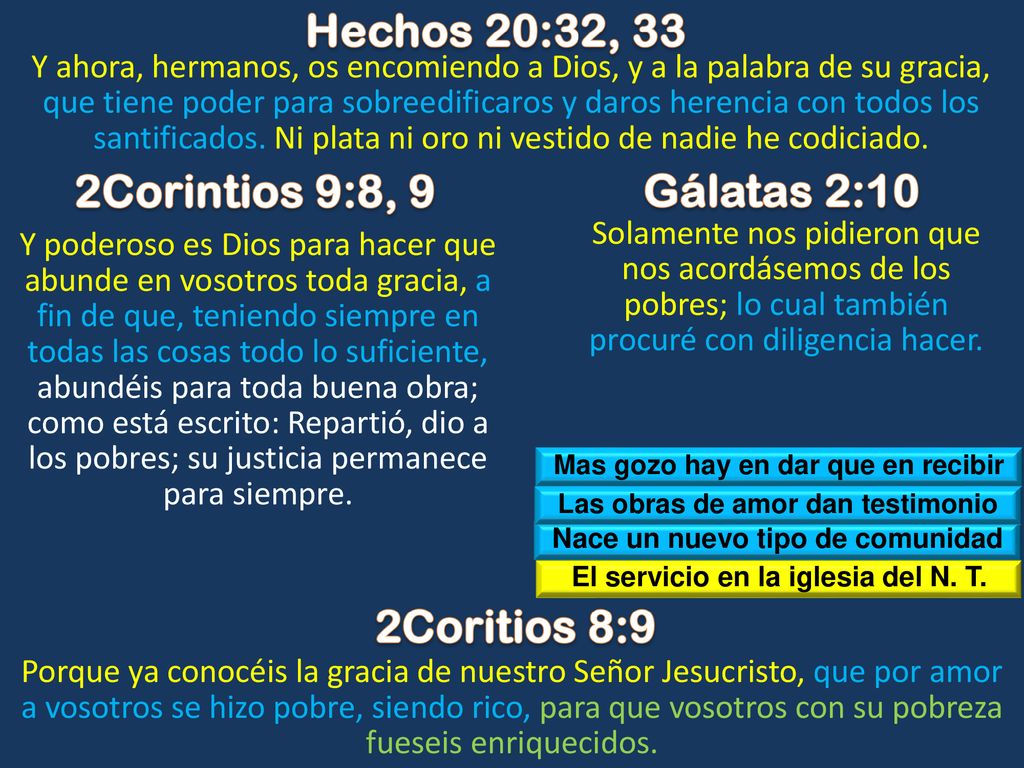 Hechos 20:32, 33 2Corintios 9:8, 9 Gálatas 2:10 2Coritios 8:9
