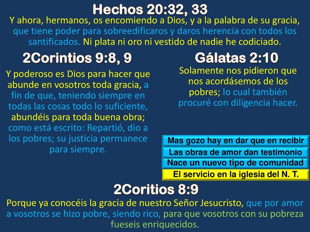 Hechos 20:32, 33 2Corintios 9:8, 9 Gálatas 2:10 2Coritios 8:9