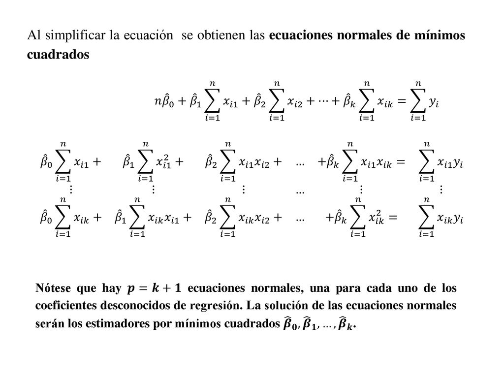 Al simplificar la ecuación se obtienen las ecuaciones normales de mínimos cuadrados
