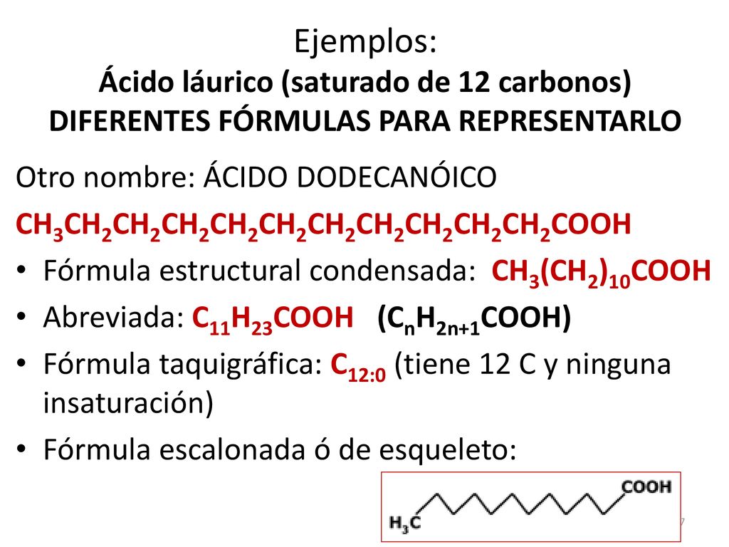 Ejemplos: Ácido láurico (saturado de 12 carbonos) DIFERENTES FÓRMULAS PARA REPRESENTARLO