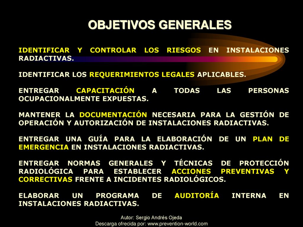 OBJETIVOS GENERALES IDENTIFICAR Y CONTROLAR LOS RIESGOS EN INSTALACIONES RADIACTIVAS. IDENTIFICAR LOS REQUERIMIENTOS LEGALES APLICABLES.