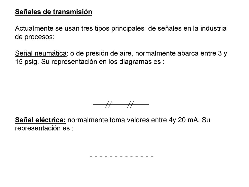 Señales de transmisión Actualmente se usan tres tipos principales de señales en la industria de procesos: Señal neumática: o de presión de aire, normalmente abarca entre 3 y 15 psig.