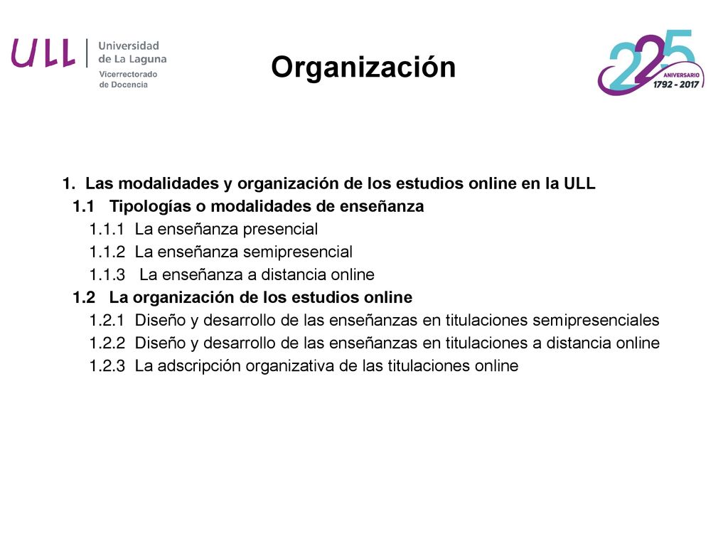 Organización 1. Las modalidades y organización de los estudios online en la ULL. 1.1 Tipologías o modalidades de enseñanza.