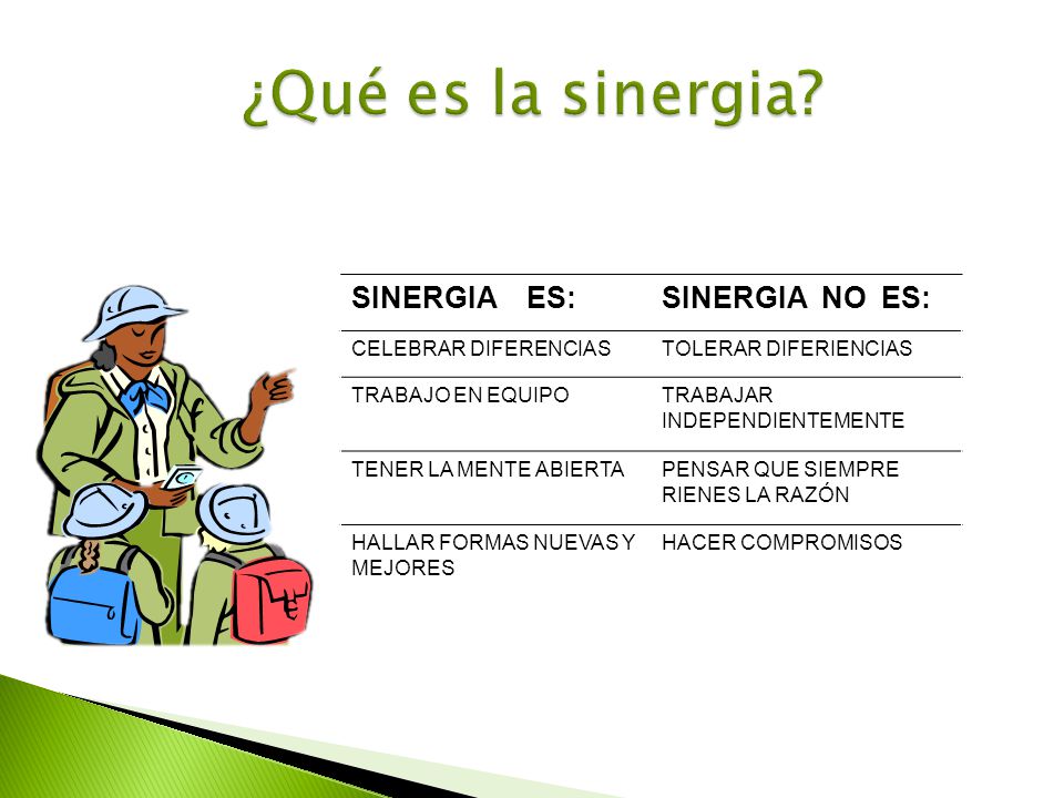 ¿Qué es la sinergia SINERGIA ES: SINERGIA NO ES: CELEBRAR DIFERENCIAS