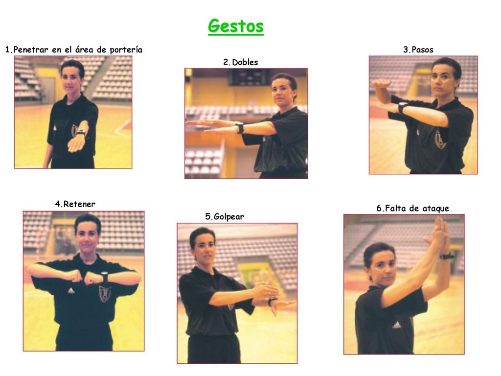Gestos 1.Penetrar en el área de portería 3.Pasos 2.Dobles 4.Retener