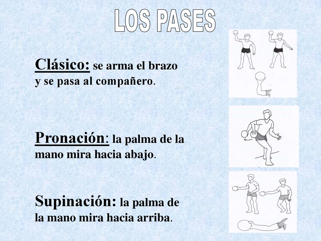 LOS PASES Clásico: se arma el brazo y se pasa al compañero. Pronación: la palma de la mano mira hacia abajo.