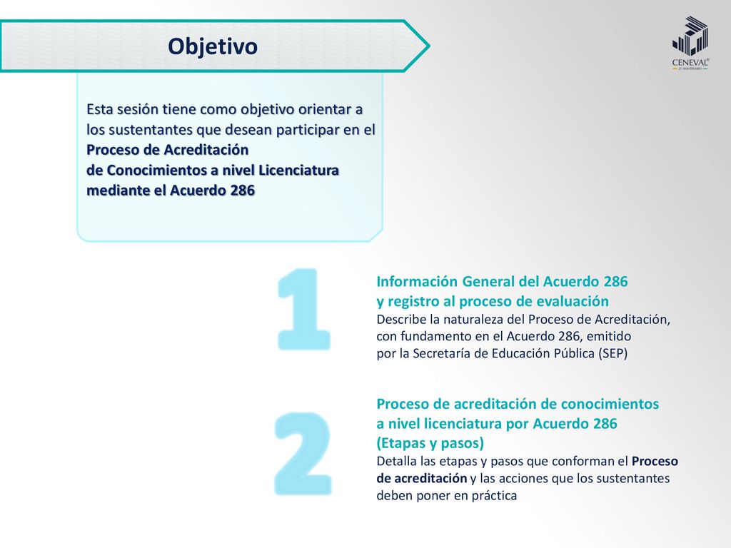 Objetivo Esta sesión tiene como objetivo orientar a los sustentantes que desean participar en el Proceso de Acreditación.