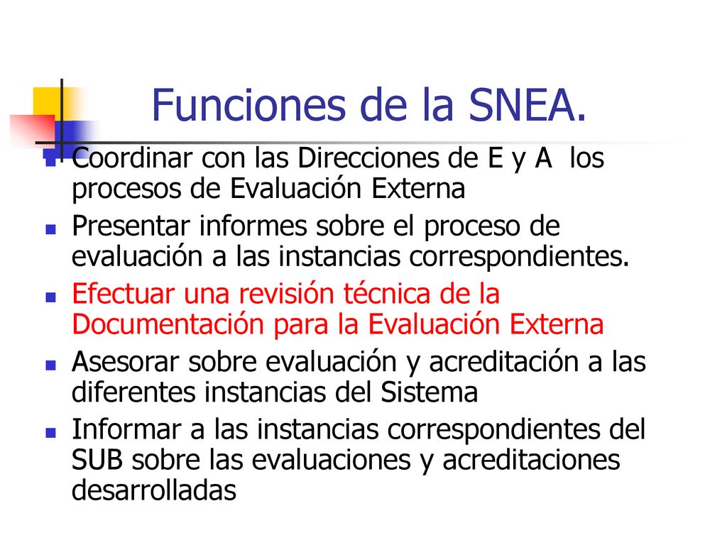 06/11/2019 Funciones de la SNEA. Coordinar con las Direcciones de E y A los procesos de Evaluación Externa.
