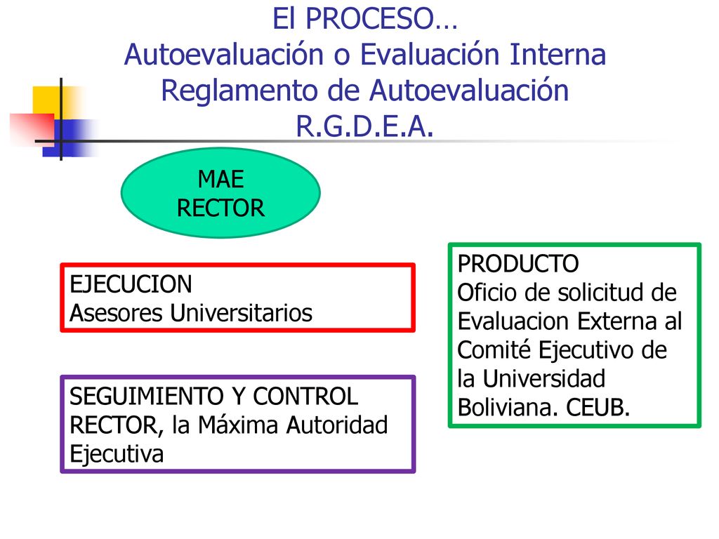 El PROCESO… Autoevaluación o Evaluación Interna Reglamento de Autoevaluación R.G.D.E.A.