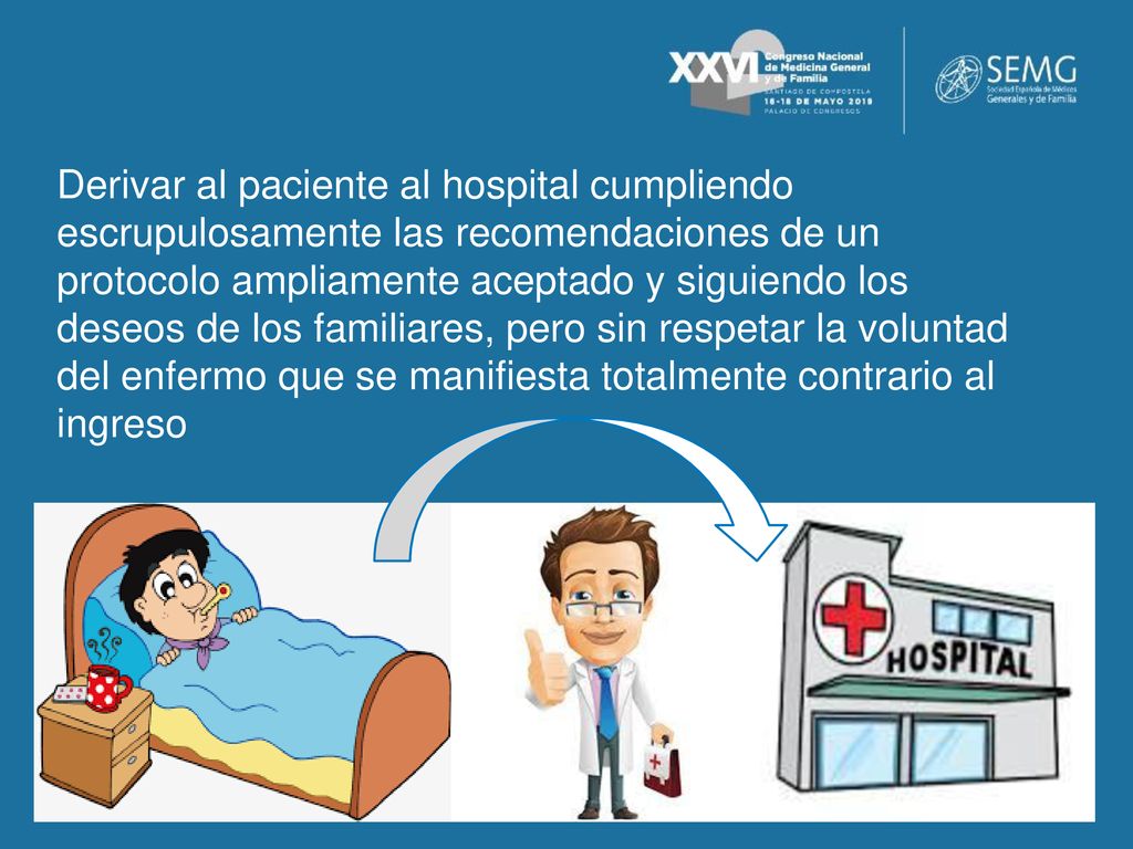 Derivar al paciente al hospital cumpliendo escrupulosamente las recomendaciones de un protocolo ampliamente aceptado y siguiendo los deseos de los familiares, pero sin respetar la voluntad del enfermo que se manifiesta totalmente contrario al ingreso