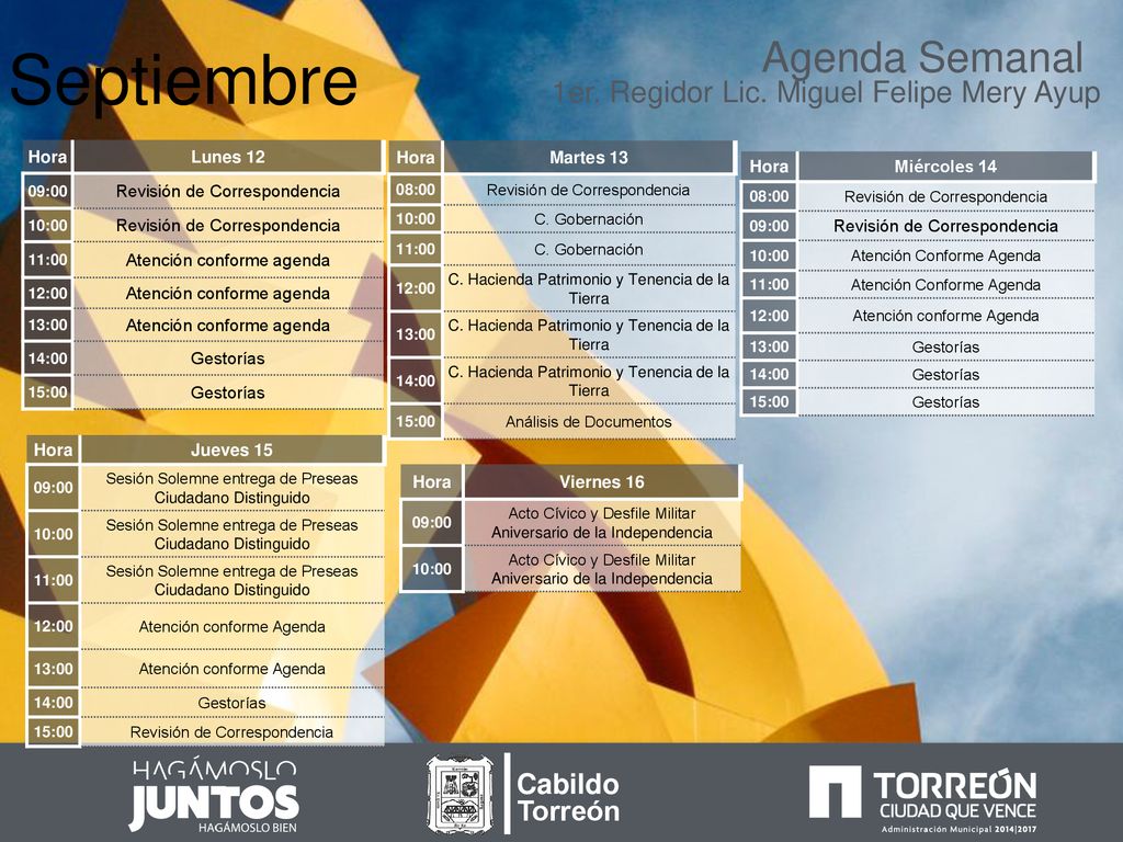Septiembre Agenda Semanal 1er. Regidor Lic. Miguel Felipe Mery Ayup