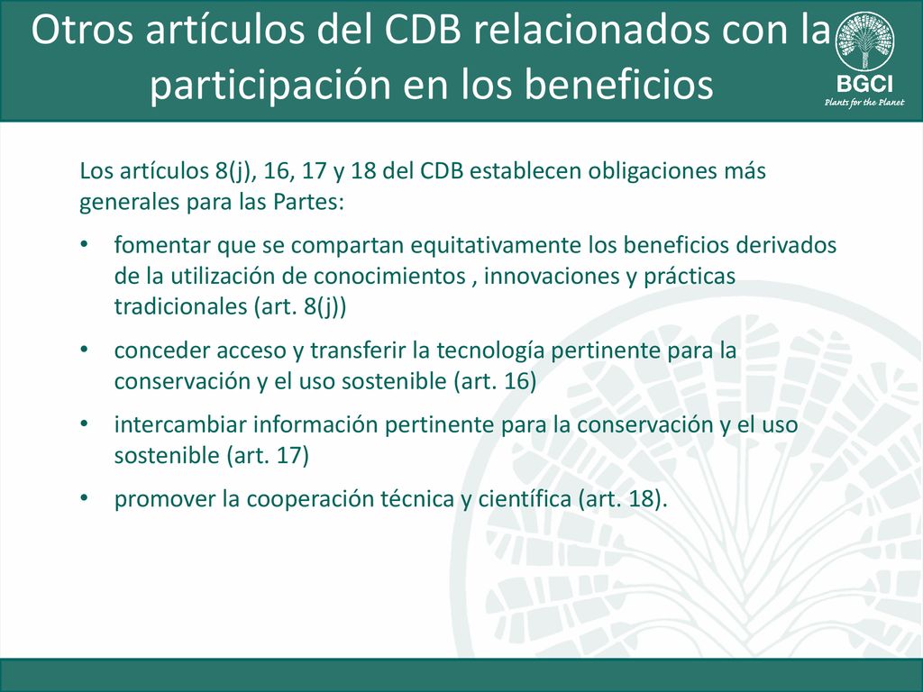 Otros artículos del CDB relacionados con la participación en los beneficios