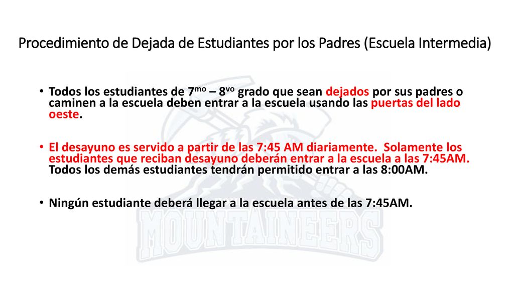 Procedimiento de Dejada de Estudiantes por los Padres (Escuela Intermedia)