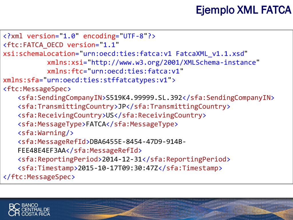 Ejemplo XML FATCA < xml version= 1.0 encoding= UTF-8 >