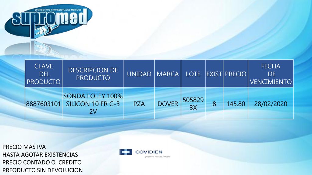 DESCRIPCION DE PRODUCTO UNIDAD MARCA LOTE EXIST PRECIO FECHA