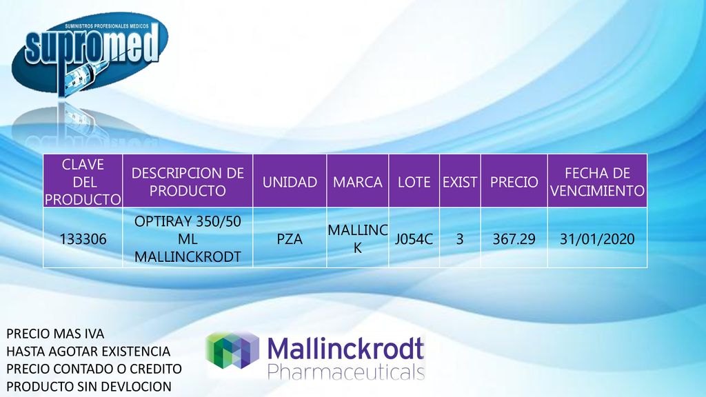 DESCRIPCION DE PRODUCTO UNIDAD MARCA LOTE EXIST PRECIO