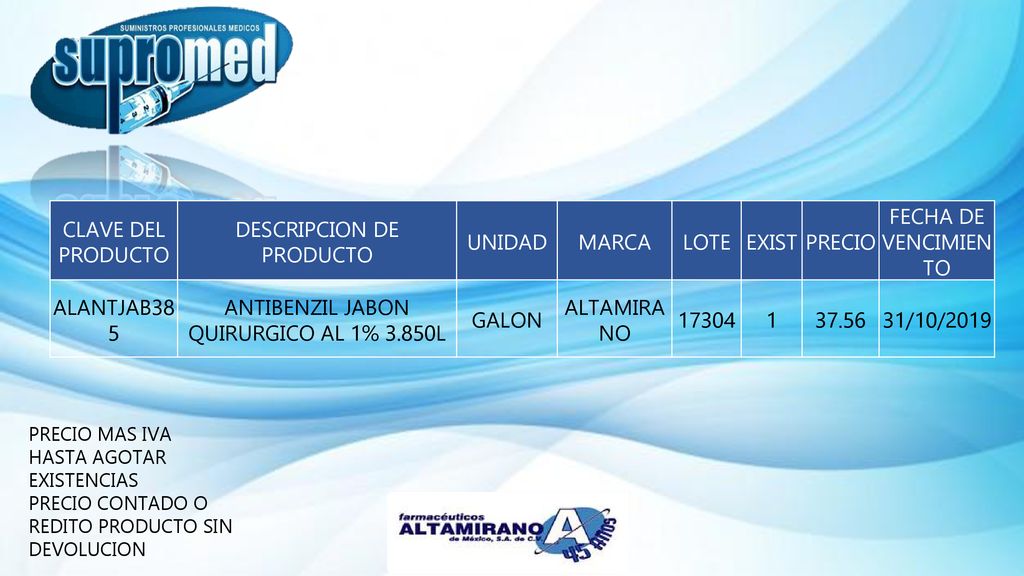 DESCRIPCION DE PRODUCTO UNIDAD MARCA LOTE EXIST PRECIO