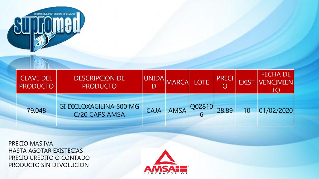 DESCRIPCION DE PRODUCTO UNIDAD MARCA LOTE PRECIO EXIST