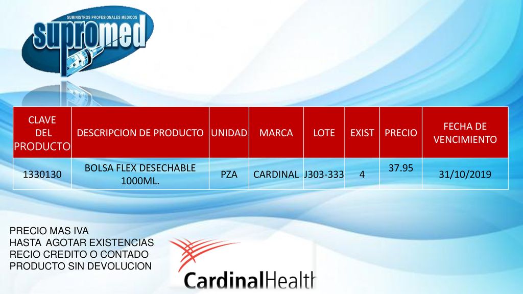 DESCRIPCION DE PRODUCTO UNIDAD MARCA LOTE EXIST PRECIO