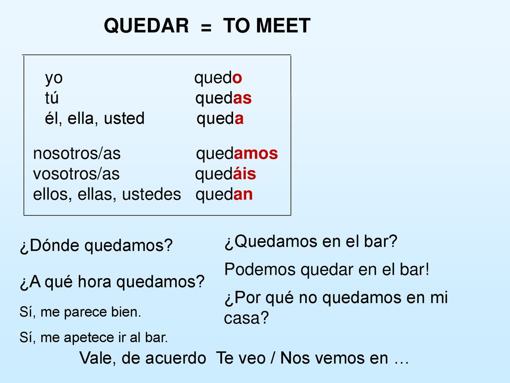 QUEDAR = TO MEET yo quedo tú quedas él, ella, usted queda