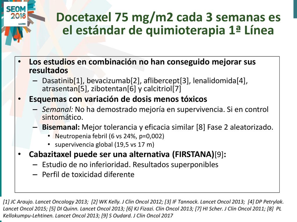 Docetaxel 75 mg/m2 cada 3 semanas es el estándar de quimioterapia 1ª Línea
