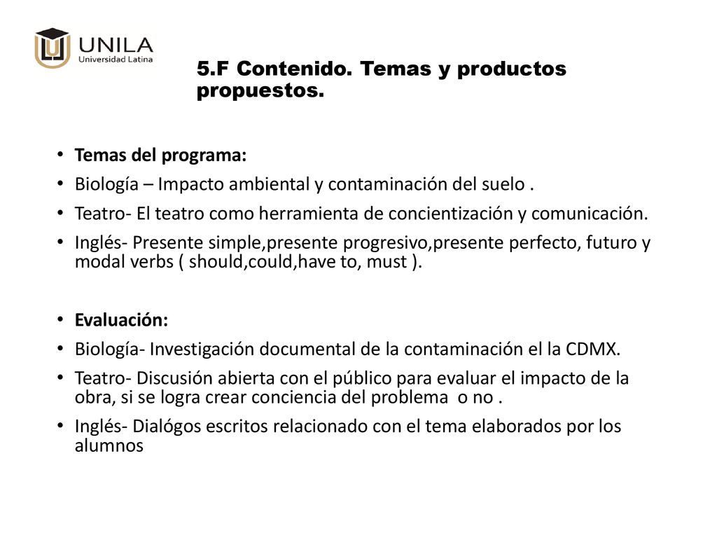 5.F Contenido. Temas y productos propuestos.